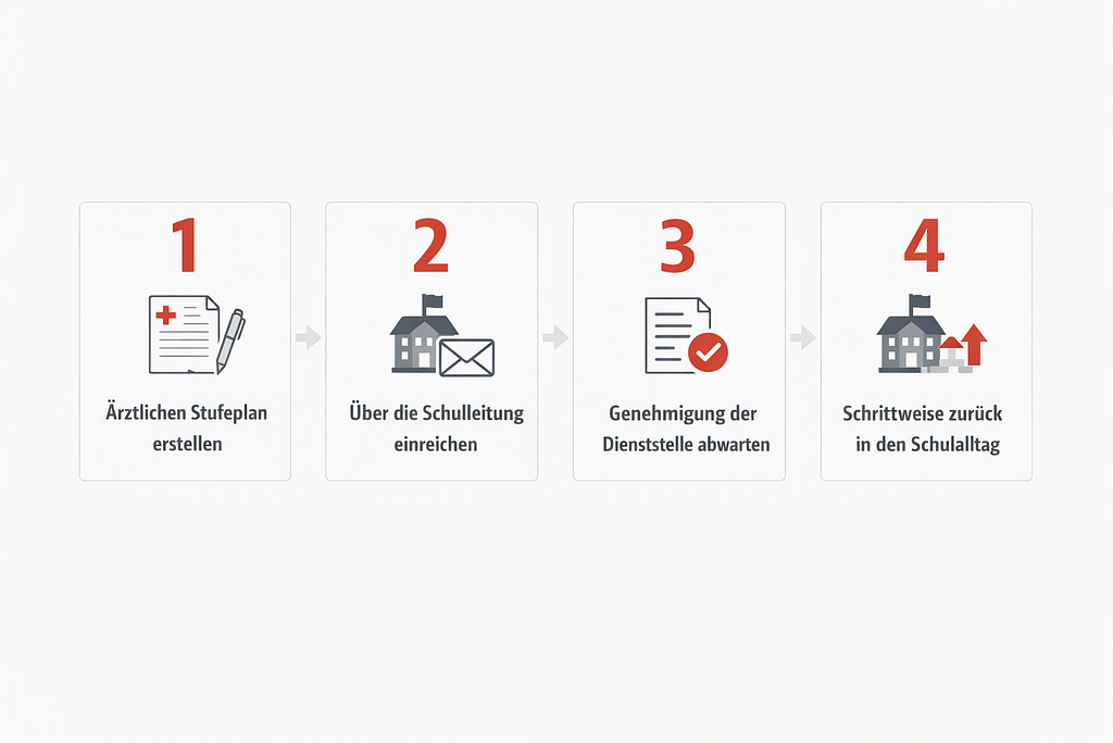 Ablauf der Wiedereingliederung für Lehrkräfte: Stufenplan, Einreichung über die Schulleitung, Genehmigung und schrittweiser Wiedereinstieg